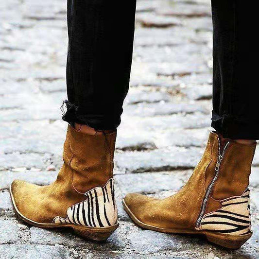 Pointed-toe Chunky Low-heel Side-zip Ankle Boots For Women