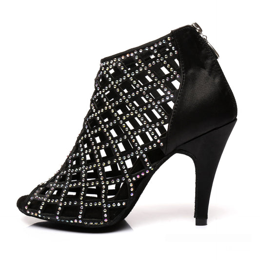 Black Satin Latin Dance Shoes Shiny Breathable High Heel