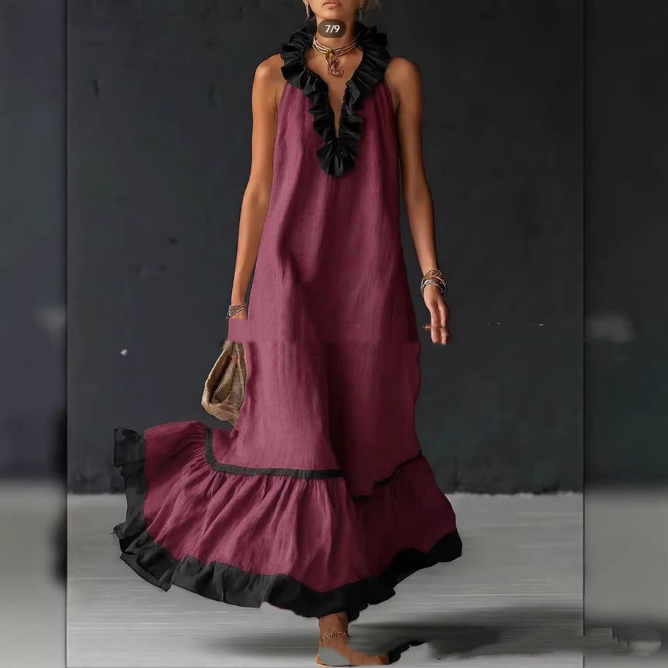 Summer New Elegant Ruffled Contrast-Color Tank Maxi Dress