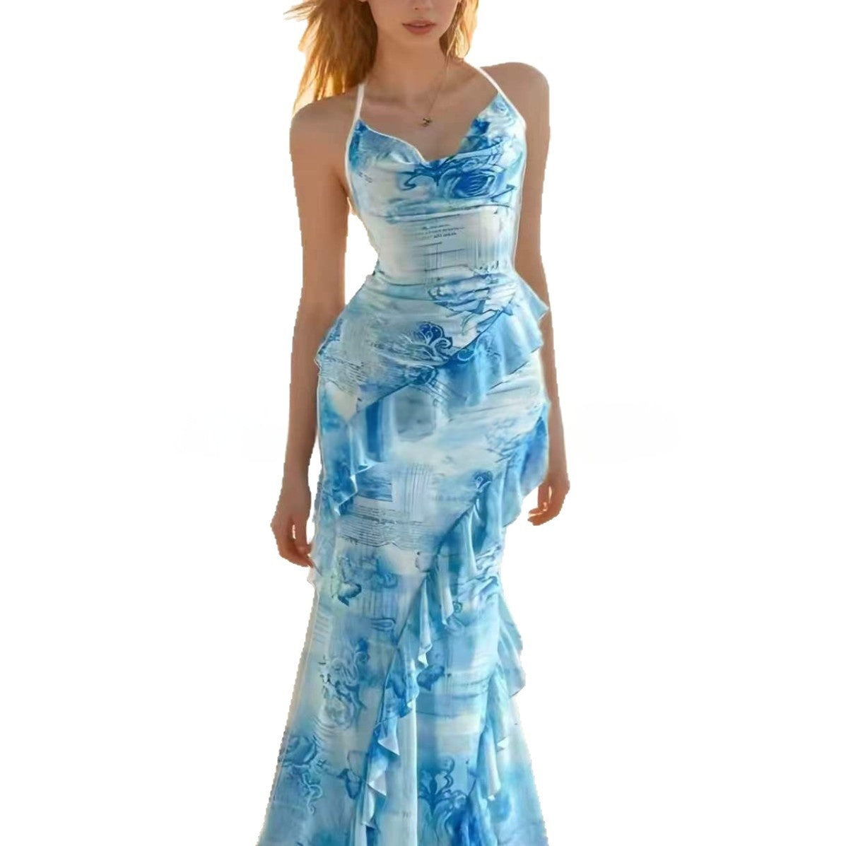 Womens Resort-Style Sleeveless Halterneck Printed Beach Dress