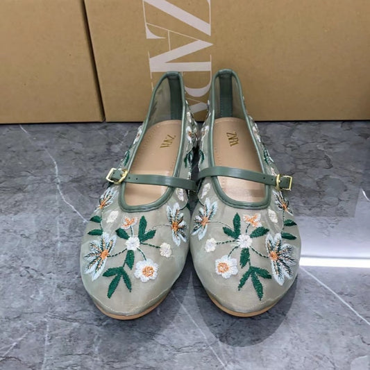 Women's Shoes Green Flower Embroidered Mesh Cloth Ballerina Flats New Guo Feng
