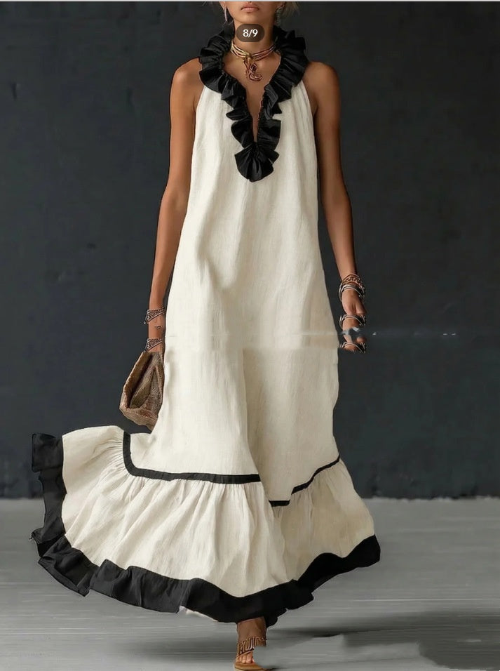 Summer New Elegant Ruffled Contrast-Color Tank Maxi Dress