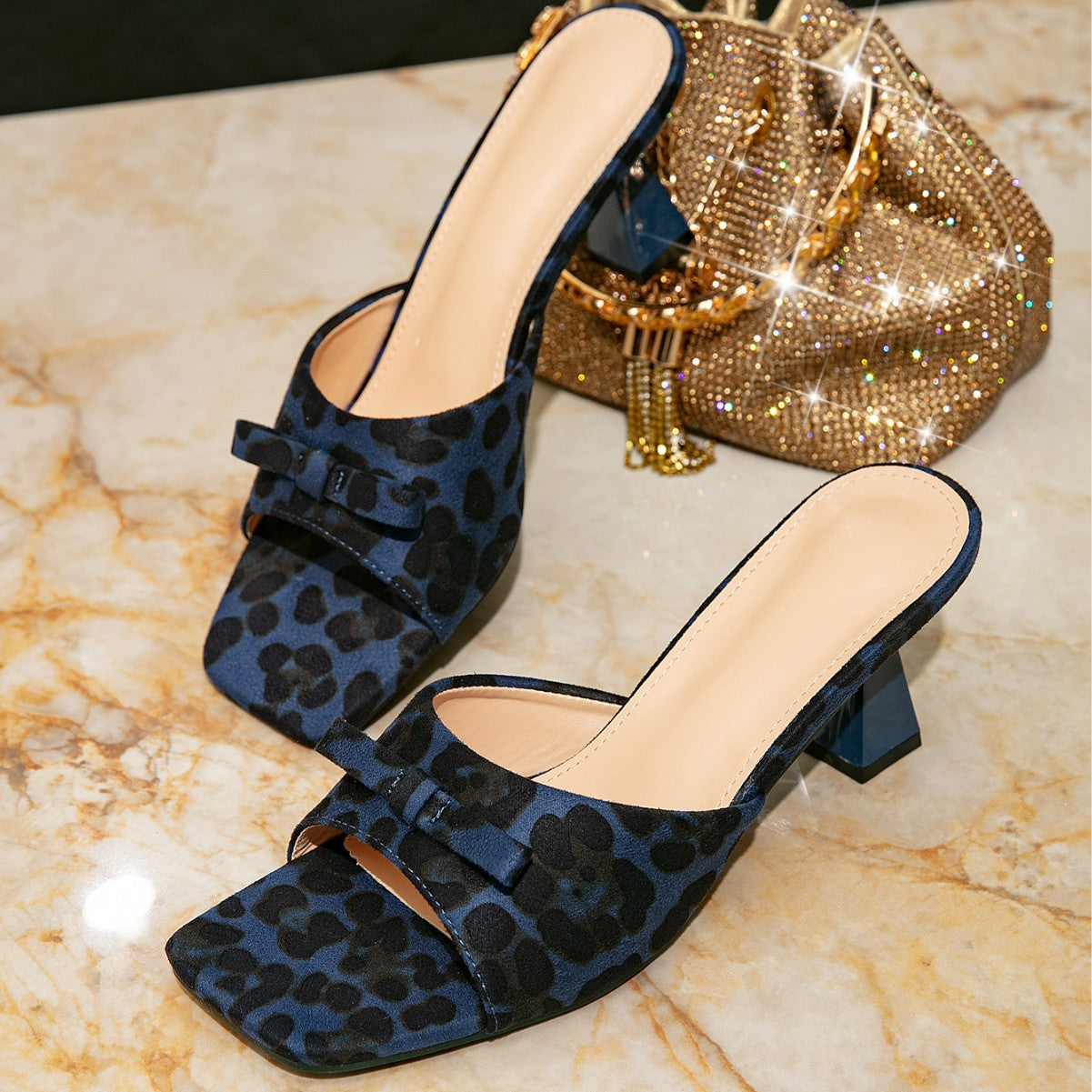 Womens Square-toe, Open-toe Leopard-print Chunky-heel Shoes