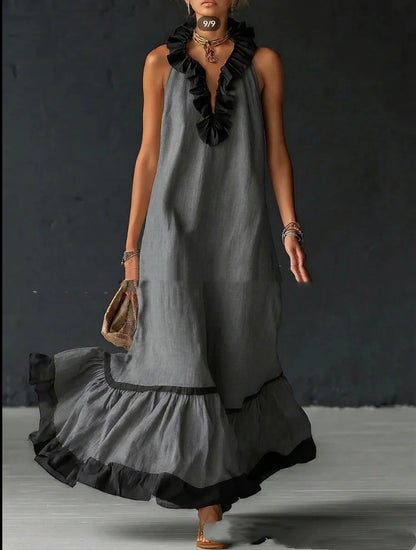 Summer New Elegant Ruffled Contrast-Color Tank Maxi Dress