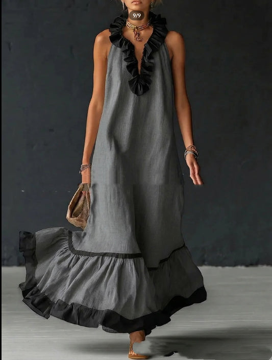 Summer New Elegant Ruffled Contrast-Color Tank Maxi Dress