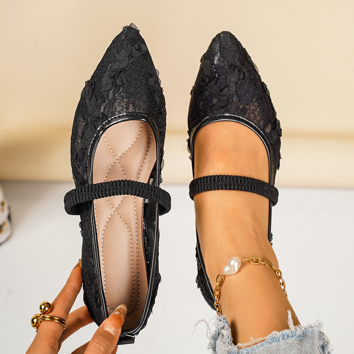Lace-mesh Pointed-toe Low-cut Flats For Women Flat-bottomed Casual And Breathable