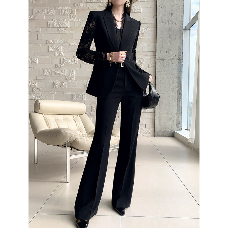 One Button Lace Panelled Blazer And Trousers Two Piece Set