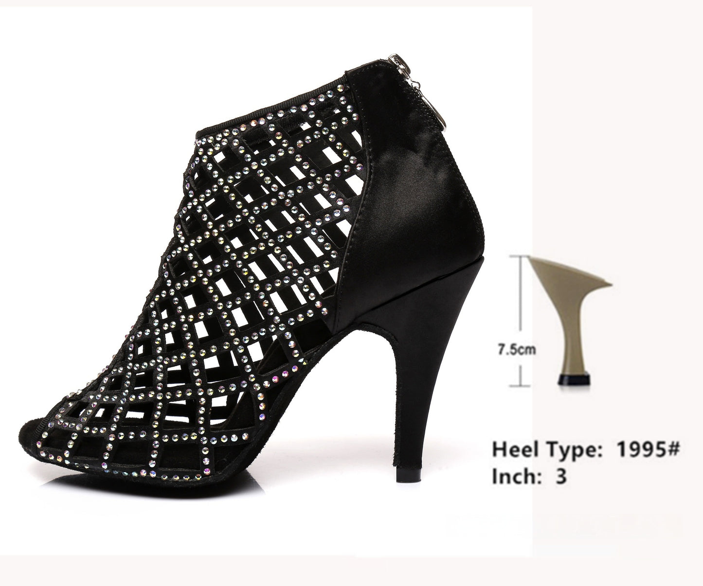 Black Satin Latin Dance Shoes Shiny Breathable High Heel