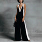 Sleeveless Womens V-Neck Contrasting Color Wide-Leg Jumpsuit