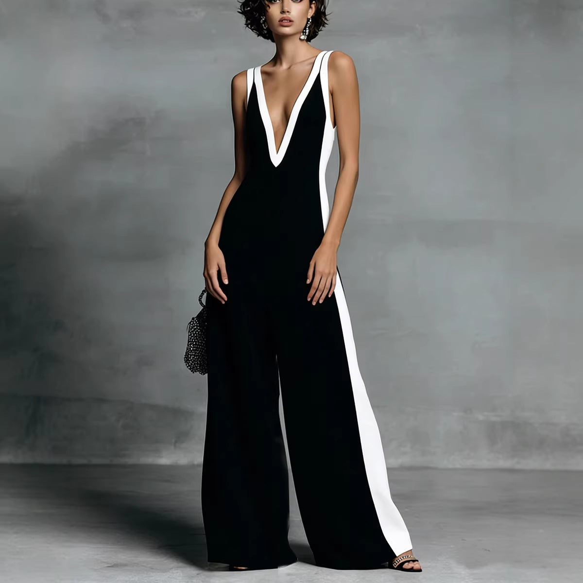 Sleeveless Womens V-Neck Contrasting Color Wide-Leg Jumpsuit