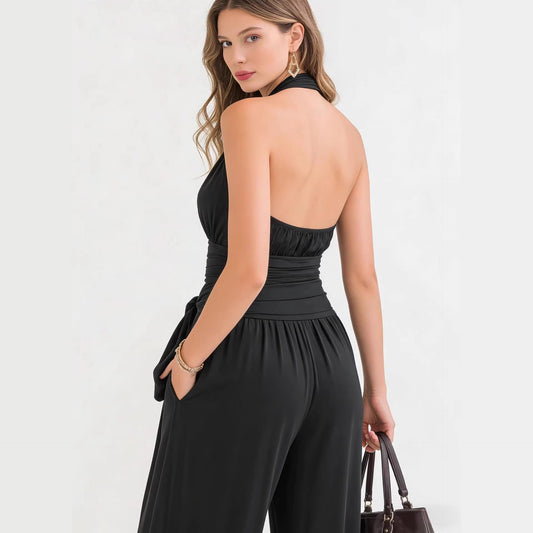 Sophisticated Halter-Neck V-Neck Long Solid-Colored Jumpsuit