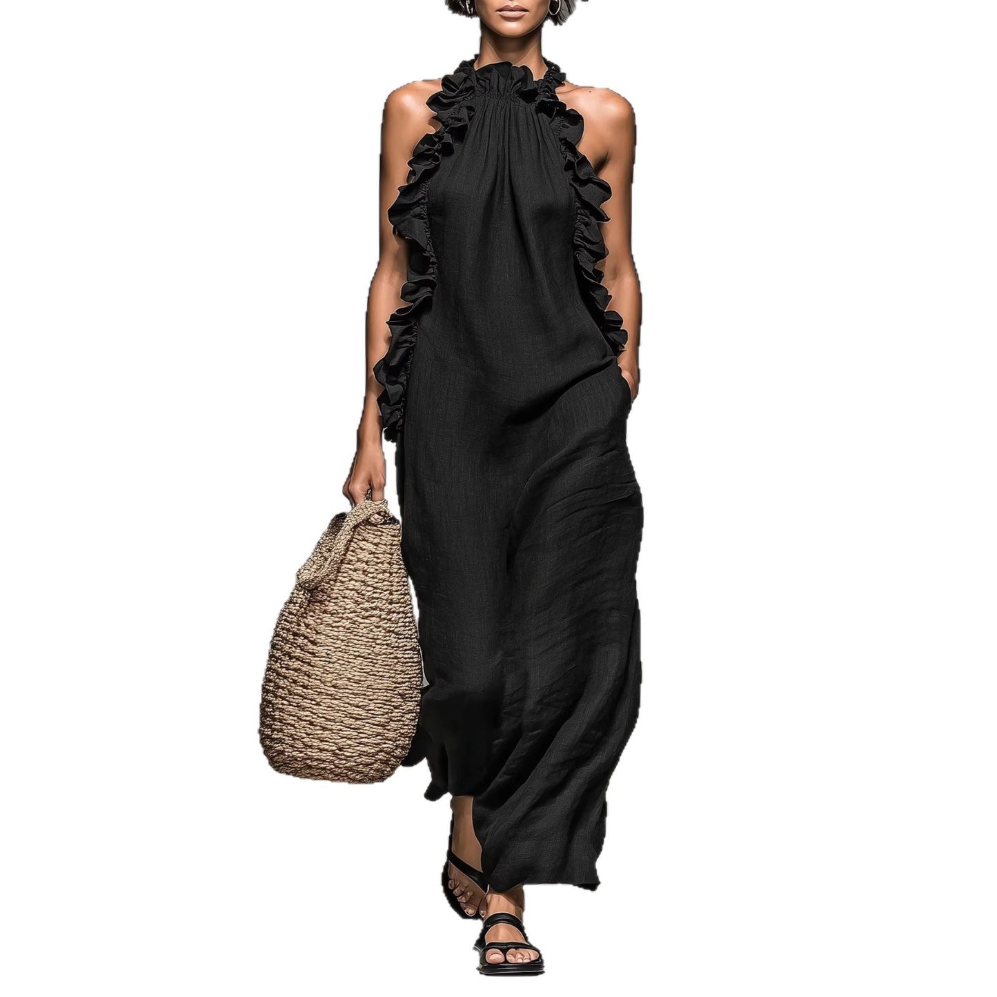 Resort-style Ruffled Halterneck Sleeveless Dress Loose-fitting And Figure-flattering Maxi Skirt