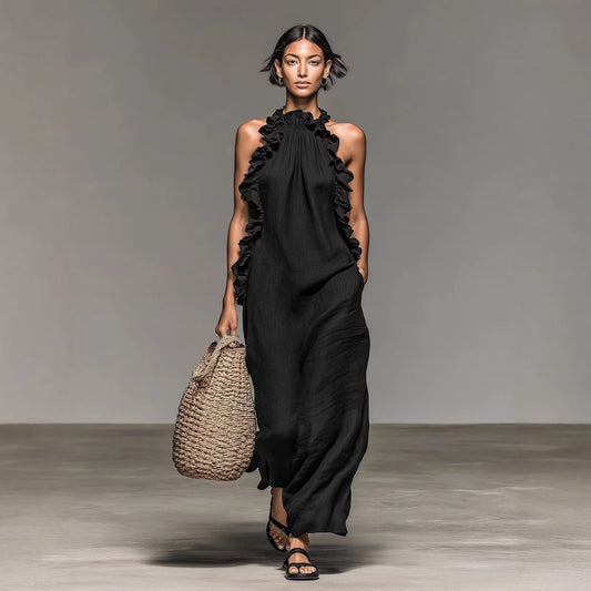 Resort-style Ruffled Halterneck Sleeveless Dress Loose-fitting And Figure-flattering Maxi Skirt