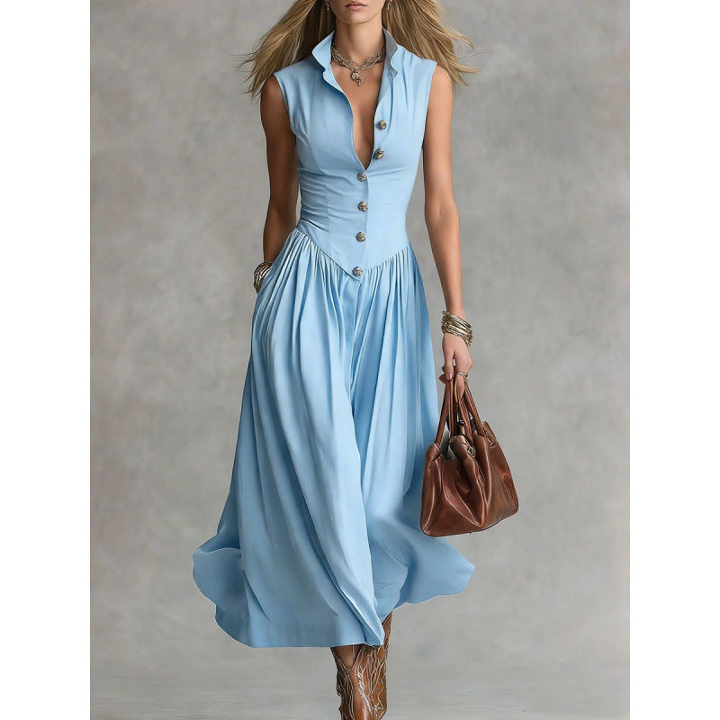 Elegant, Sophisticated Long Sleeveless Dress With A Lapel Collar