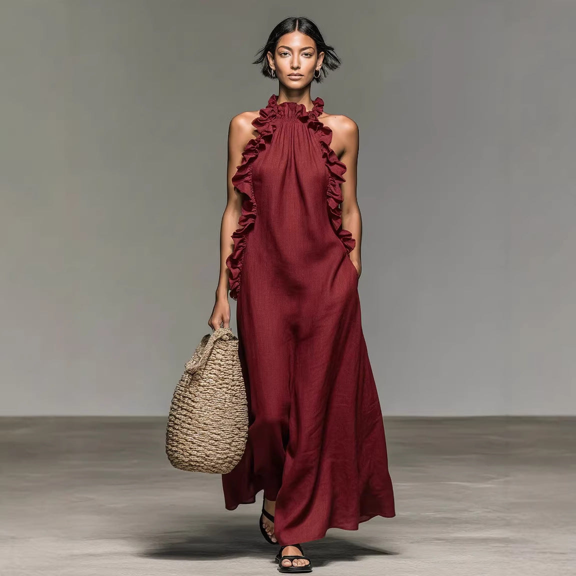 Resort-style Ruffled Halterneck Sleeveless Dress Loose-fitting And Figure-flattering Maxi Skirt