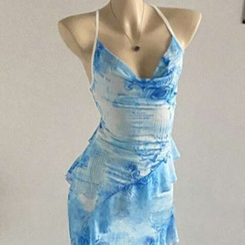 Womens Resort-Style Sleeveless Halterneck Printed Beach Dress