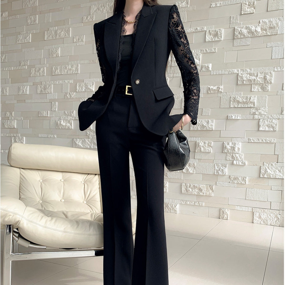 One Button Lace Panelled Blazer And Trousers Two Piece Set