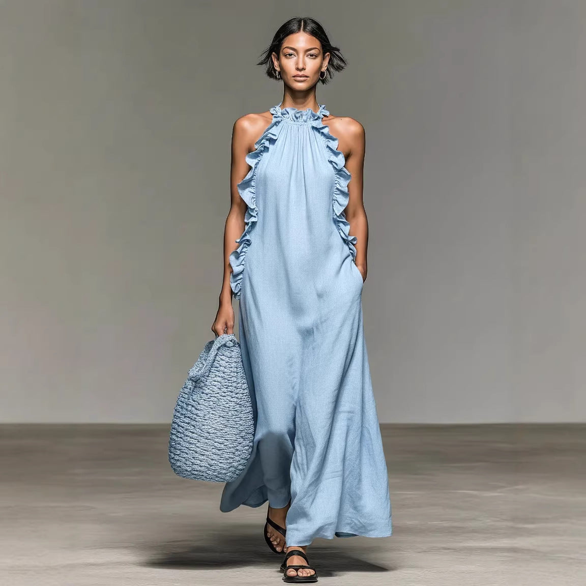 Resort-style Ruffled Halterneck Sleeveless Dress Loose-fitting And Figure-flattering Maxi Skirt
