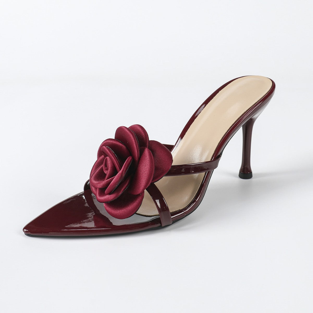 Three-dimensional Flower Patent Leather Pointed-toe High-heeled Sandals For Women