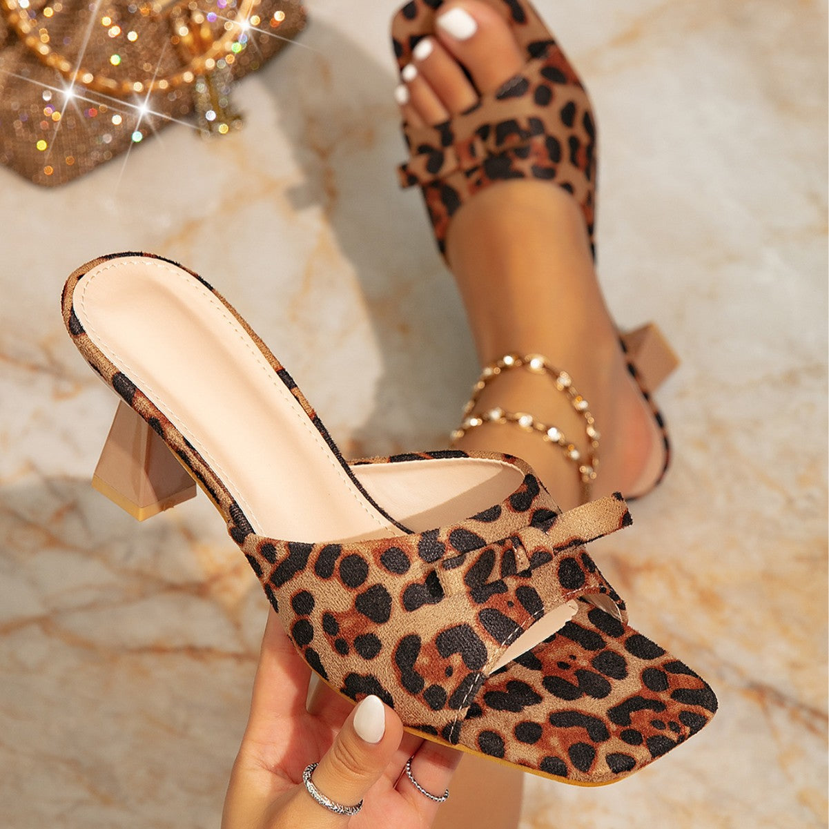 Womens Square-toe, Open-toe Leopard-print Chunky-heel Shoes