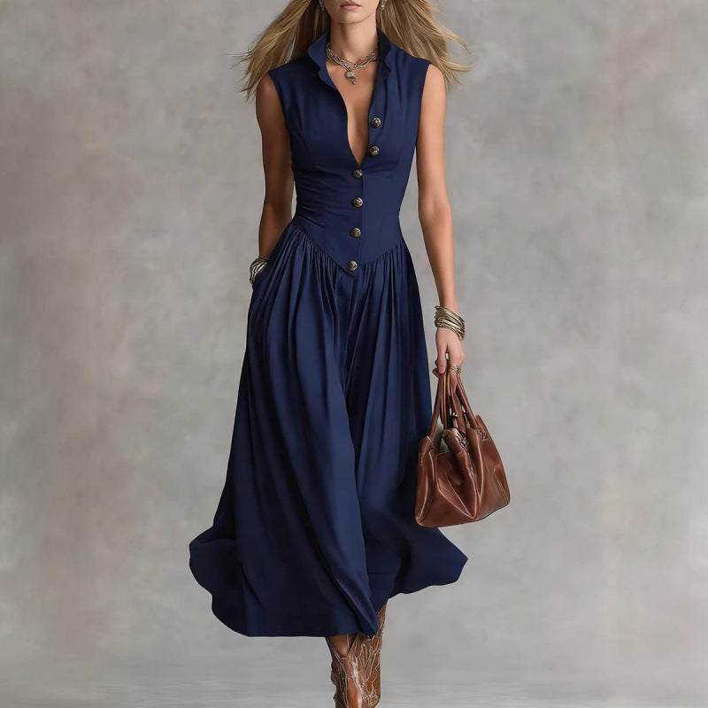 Elegant, Sophisticated Long Sleeveless Dress With A Lapel Collar