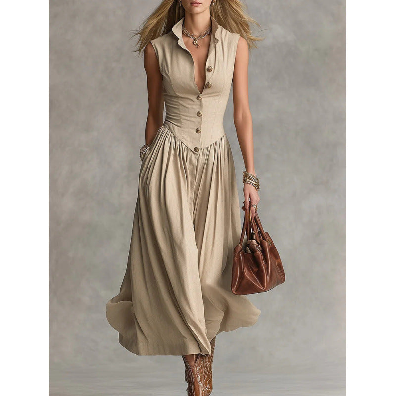 Elegant, Sophisticated Long Sleeveless Dress With A Lapel Collar