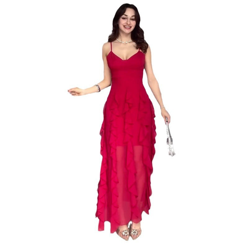Summer New Pure Desire Style Fashion Ruffles Slim Fit Patchwork Suspender Skirt