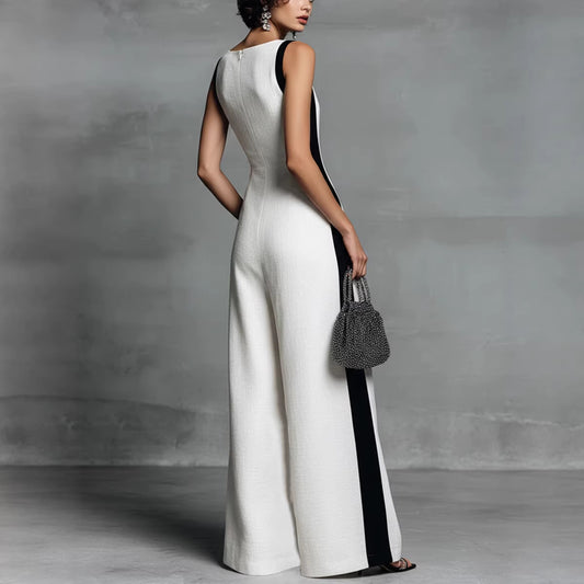 Sleeveless Womens V-Neck Contrasting Color Wide-Leg Jumpsuit