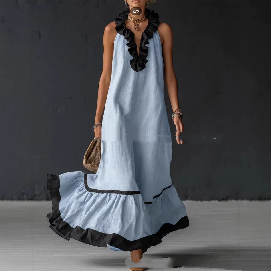 Summer New Elegant Ruffled Contrast-Color Tank Maxi Dress