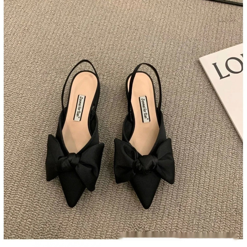 French-style Pointed-toe Bow-embellished Closed-toe Sandals For Women