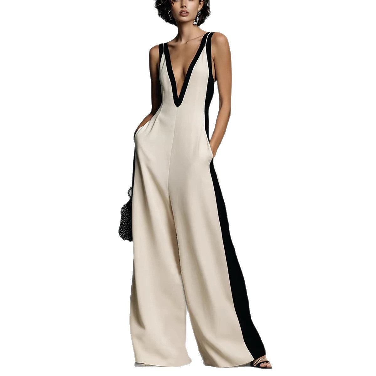 Sleeveless Womens V-Neck Contrasting Color Wide-Leg Jumpsuit