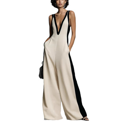 Sleeveless Womens V-Neck Contrasting Color Wide-Leg Jumpsuit