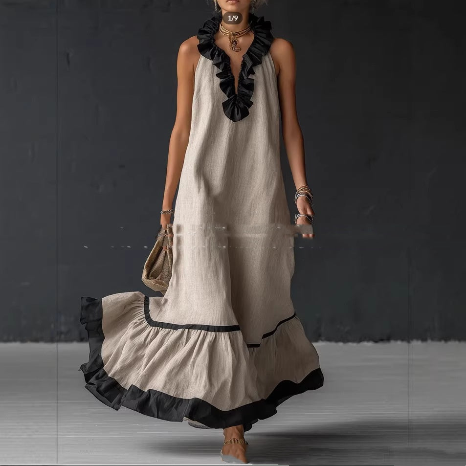 Summer New Elegant Ruffled Contrast-Color Tank Maxi Dress