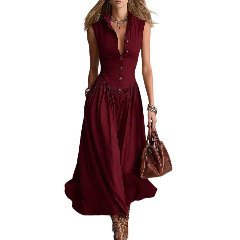 Elegant, Sophisticated Long Sleeveless Dress With A Lapel Collar