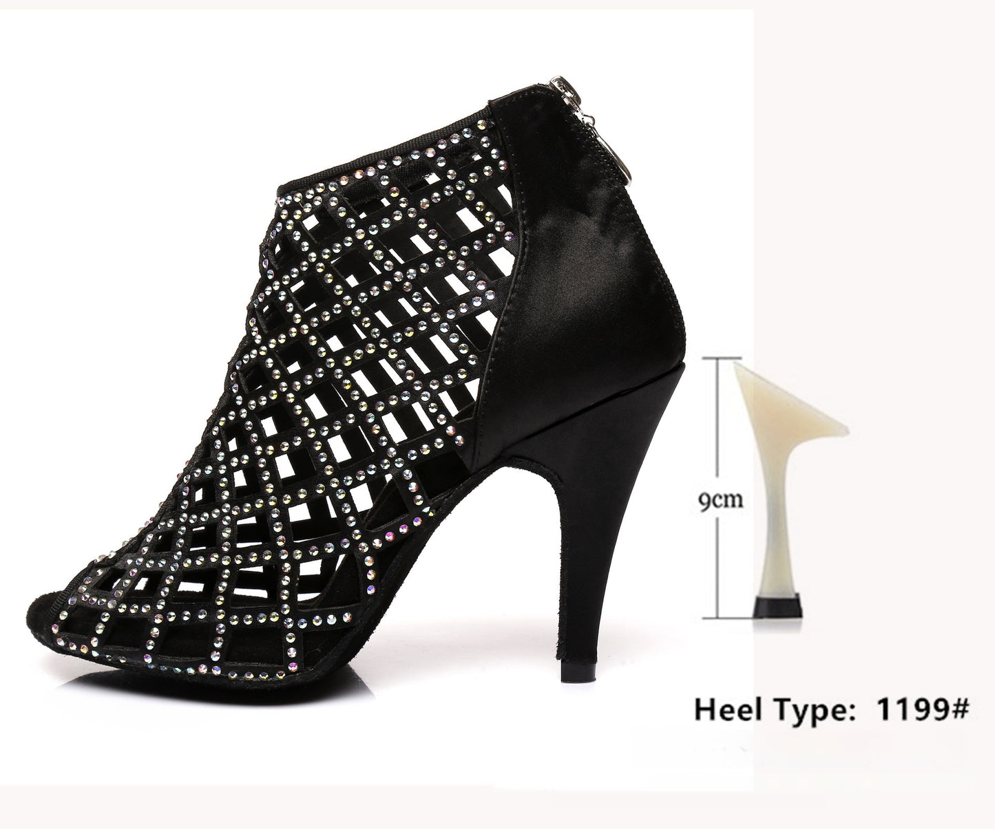 Black Satin Latin Dance Shoes Shiny Breathable High Heel