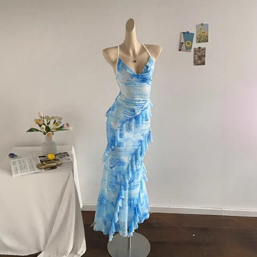 Womens Resort-Style Sleeveless Halterneck Printed Beach Dress