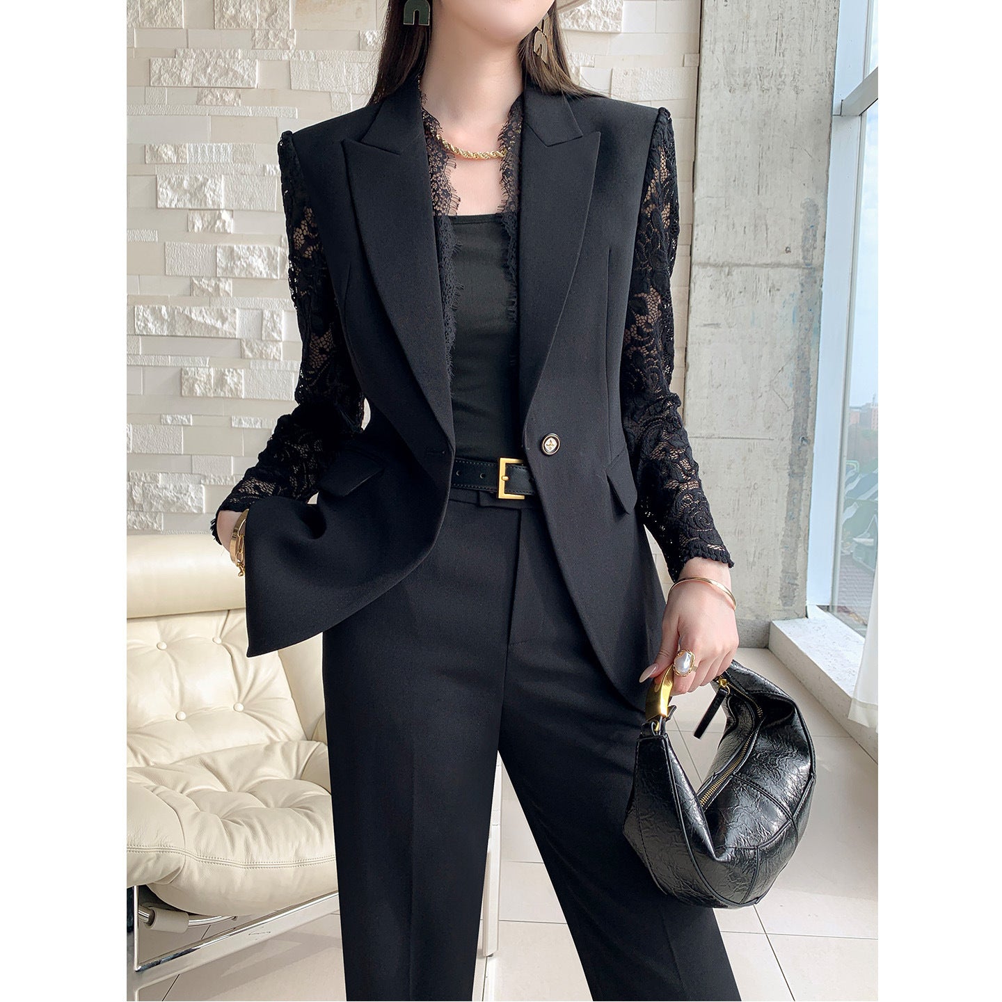 One Button Lace Panelled Blazer And Trousers Two Piece Set