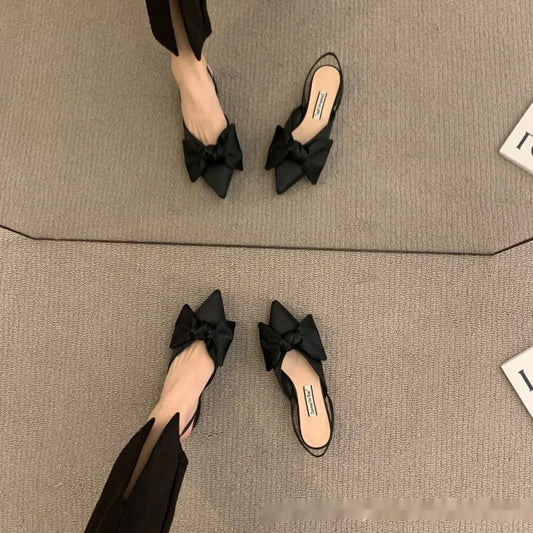 French-style Pointed-toe Bow-embellished Closed-toe Sandals For Women