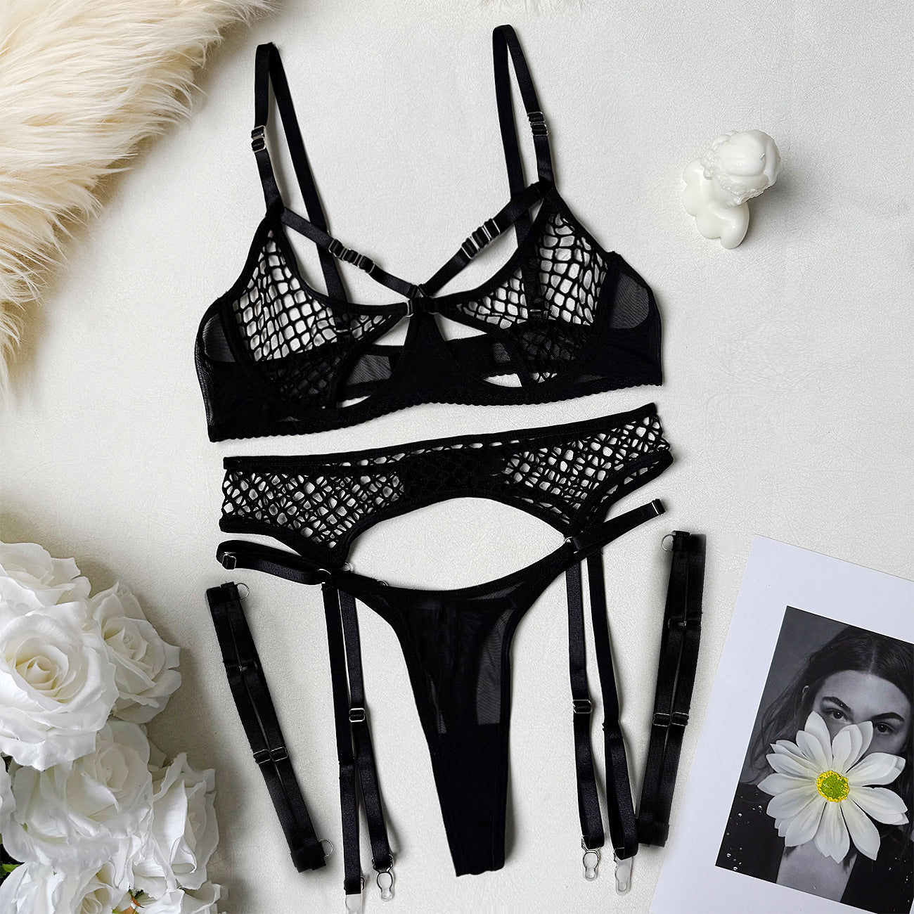 Three-piece Fishnet Lingerie Set