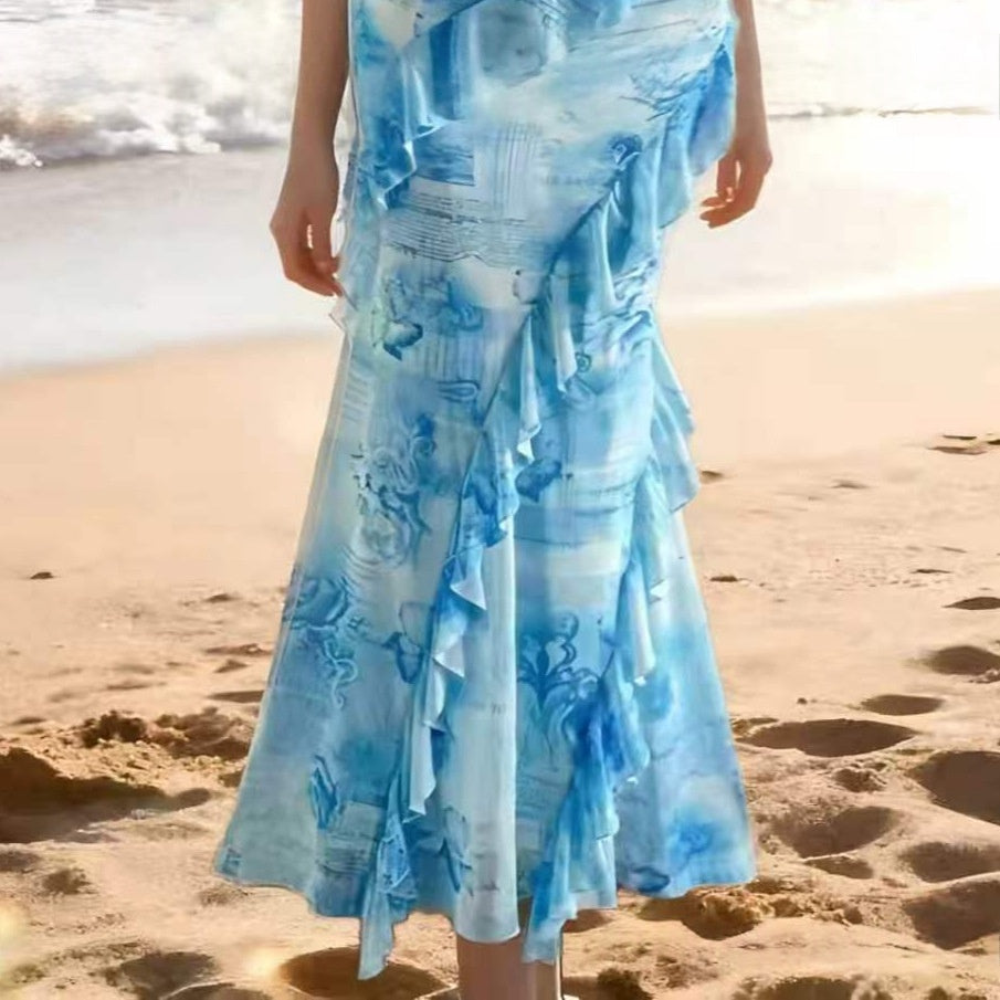 Womens Resort-Style Sleeveless Halterneck Printed Beach Dress