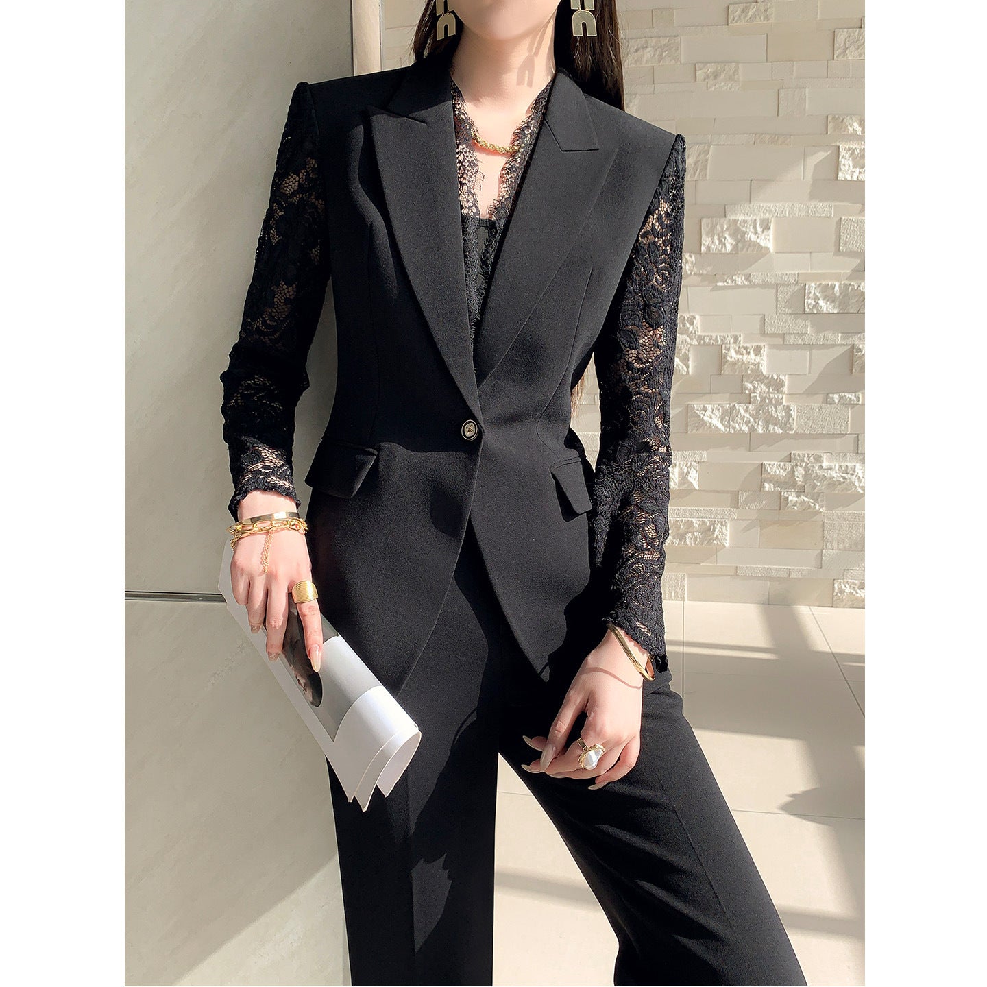 One Button Lace Panelled Blazer And Trousers Two Piece Set