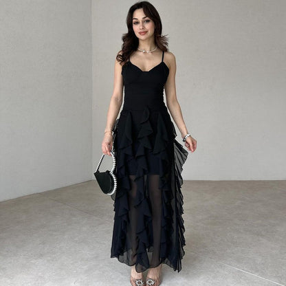 Summer New Pure Desire Style Fashion Ruffles Slim Fit Patchwork Suspender Skirt