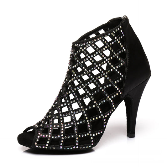 Black Satin Latin Dance Shoes Shiny Breathable High Heel